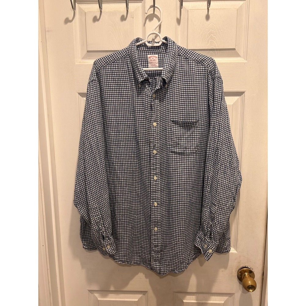 Brooks Brothers Madison XL Linen Shirt Blue Gingham Baird McNutt Long Sleeve